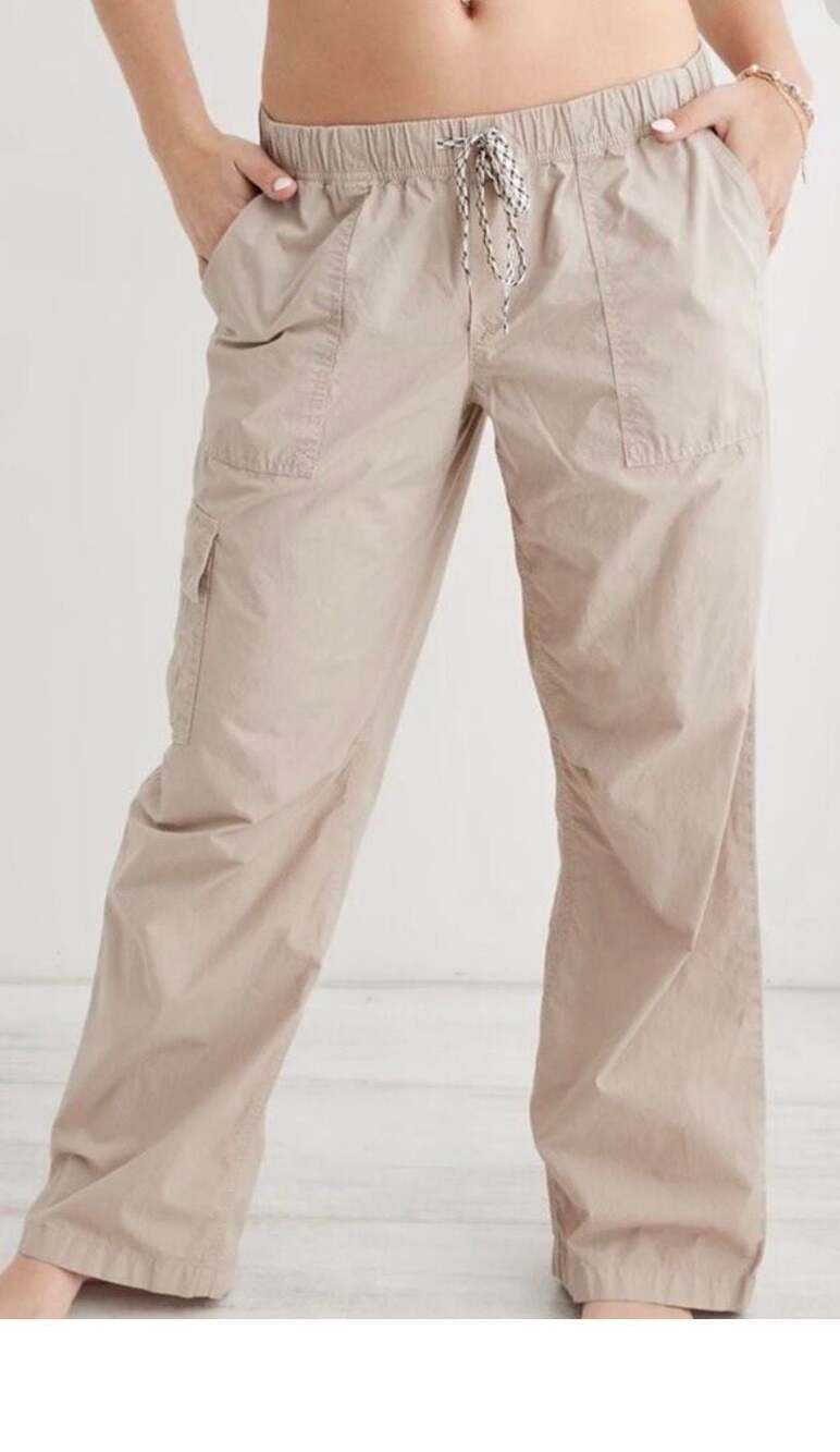 Aerie Baggy Cargo Skater Pants in Khaki Tan with Drawstring Waist Large Y2K